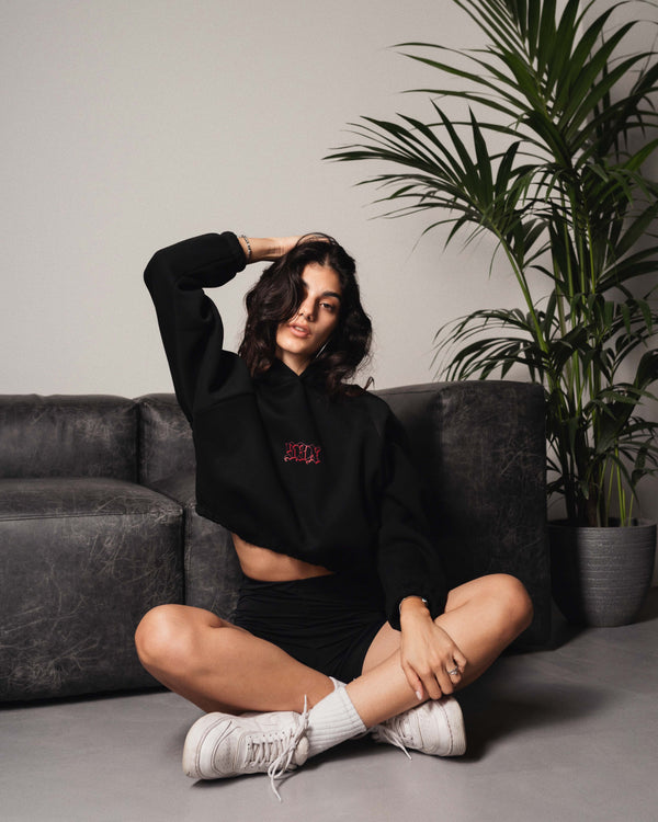 I Know You Miss Me Black Oversized Crop Top Hoodie (Onesize)