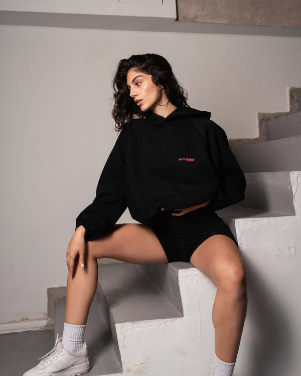 It's All Lies Black Oversized Crop Top Hoodie (Onesize)